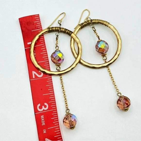 Hammered Gold Tone Hoop Earrings AB Pink Crystal Drop Bohemian Chic Boho Dangle - Picture 6 of 7
